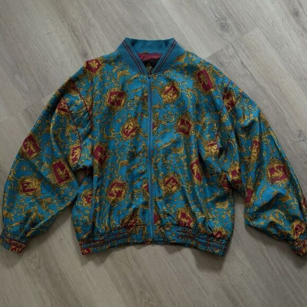 Casual Isle Jacket Womens L Vintage Blue‎ Geometric Zip Up Shell  100 % SILK